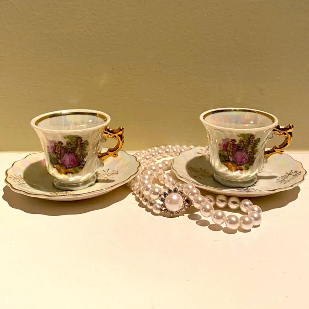 Victorian Lovers Teacups Courting Couple 1900s Japan 24K Gold Pearl Demitasse